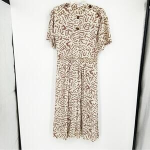 Vintage 90s Liz Claiborne Printed‎ Beige Midi Button Front Dress Pretty Woman 8